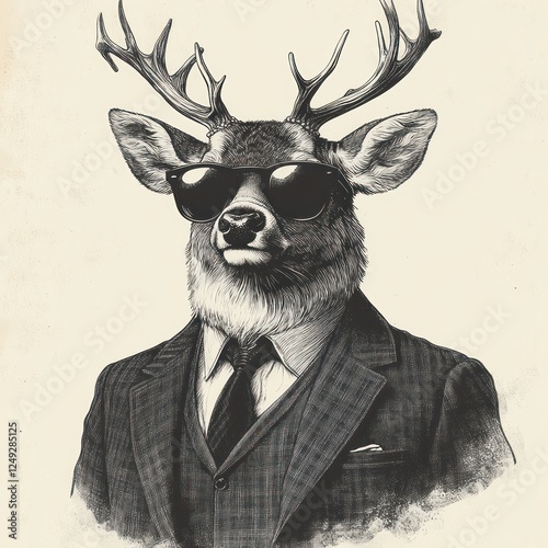 Majestic Deer in Suit and Sunglasses Vintage Engraving Style Illustration photo