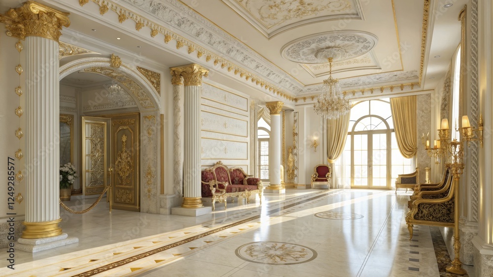 Fototapeta premium Grand Palace Hall 3D Render, Gold Accents, Baroque Design, Marble Floor Luxury Interior, Palace Design