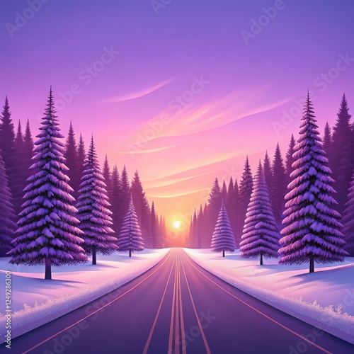 Purple Sunset Winter Road, Digital Art, Landscape, Snow, Forest, Winter Wonderland Winter Scene, Road Trip