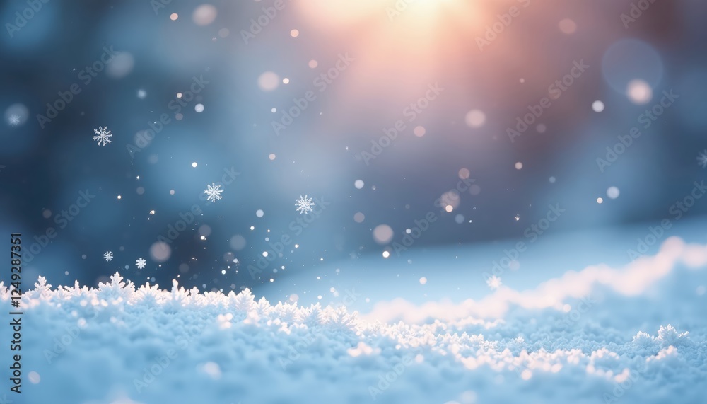 Snow-covered ground with falling snowflakes at dawn, Winter Snow-covered ground with falling snowflakes at dawn, Winter