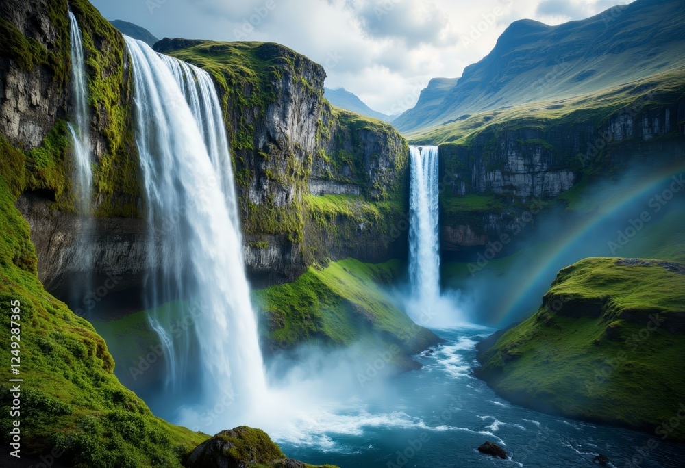 Fototapeta premium Dual Waterfalls Flowing into River with Rainbow