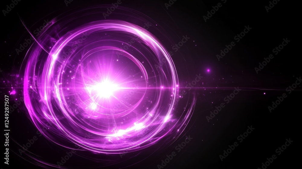 Abstract Luminous Purple Energy Rings on Dark Space Background With Flashes and Particles. Abstract Luminous Purple Energy Rings on Dark Space Background With Flashes and Particles.