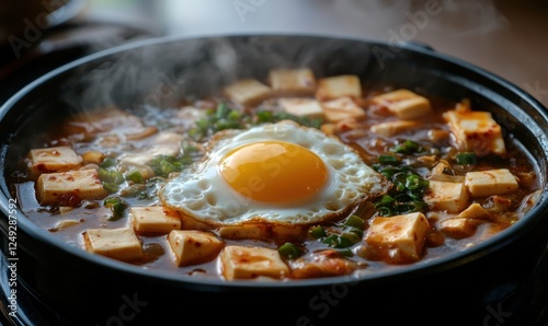 Steaming tofu stew with fried egg, kimchi, Asian cuisine, restaurant setting photo