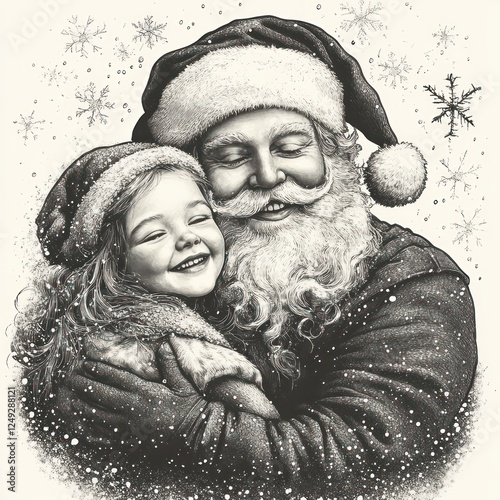 Santa Claus hugging child girl vintage illustration black and white engraving holiday spirit joyful festive winter photo