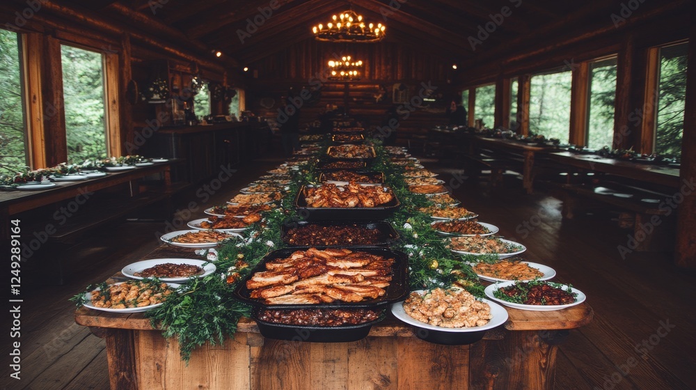 custom made wallpaper toronto digitalAbundant Feast Laid Out on Rustic Table in Cozy Wooden Cabin Interior with Forest Views.