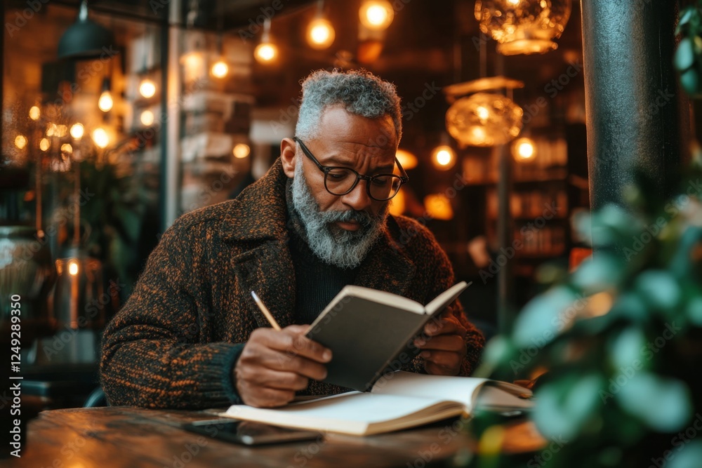 A novelist brainstorming ideas in a notebook while sitting in a quiet café A novelist brainstorming ideas in a notebook while sitting in a quiet café