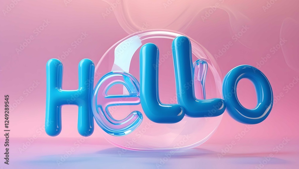 3D Render of Bold Transparent 'Hello' Letters in Crystal Bubble – Playful Dreamy Design 3D Render of Bold Transparent 'Hello' Letters in Crystal Bubble – Playful Dreamy Design