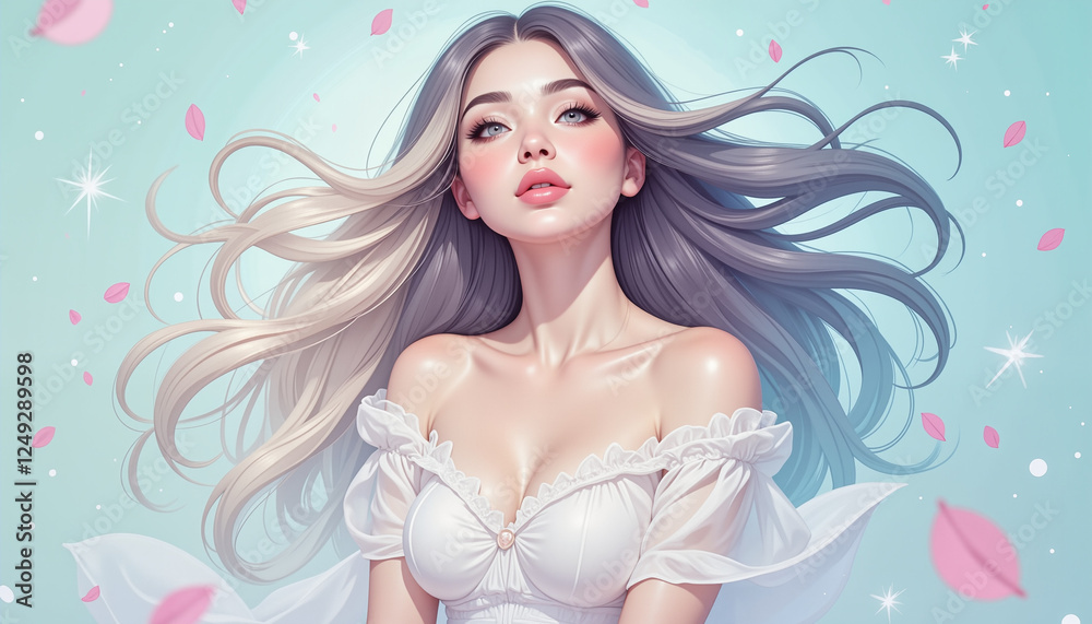 Serene woman with flowing hair surrounded by pastel petals, magical tranquility Serene woman with flowing hair surrounded by pastel petals, magical tranquility