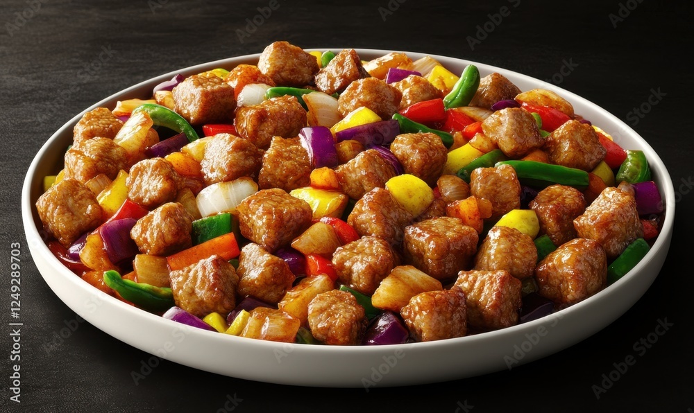 Sweet and sour meat stir-fry with vegetables on a plate. Food photography for recipe websites Sweet and sour meat stir-fry with vegetables on a plate. Food photography for recipe websites