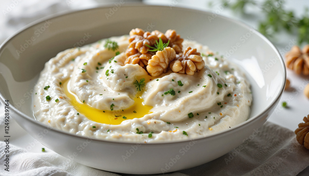 Chilled Tarator with walnuts and olive oil in minimalistic kitchen, culinary delight Chilled Tarator with walnuts and olive oil in minimalistic kitchen, culinary delight