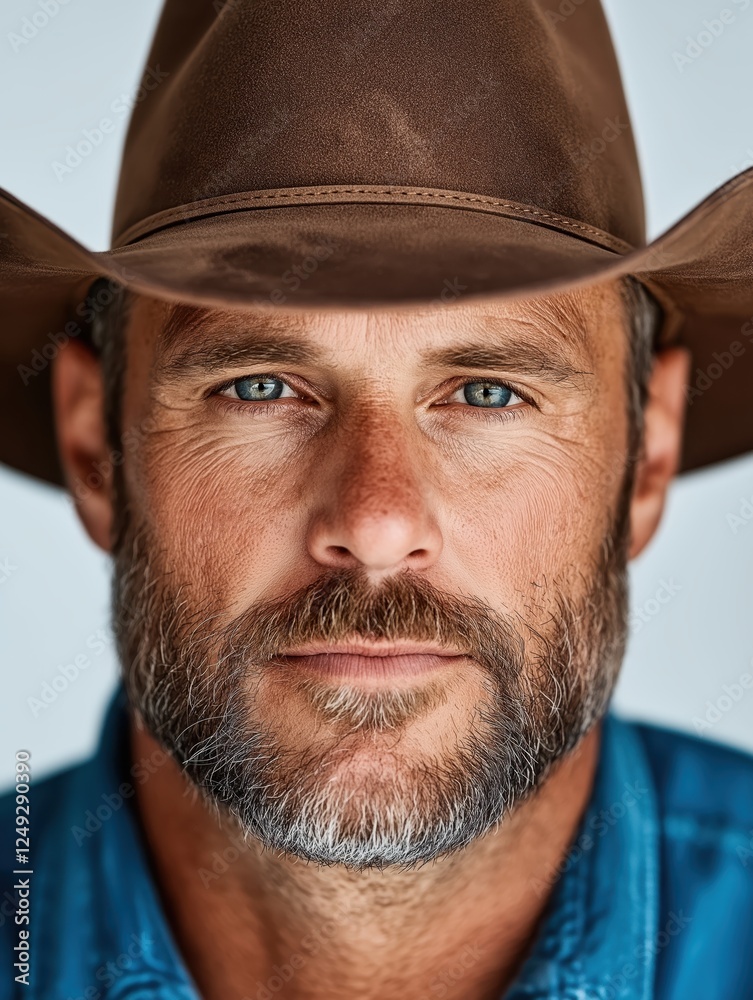 Serious farmer in hat gazes at camera, showcasing rural lifestyle and dedication on white background Serious farmer in hat gazes at camera, showcasing rural lifestyle and dedication on white background