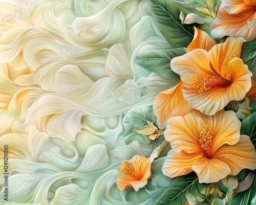 Vibrant Orange Hibiscus Flowers with Soft Swirls of Light Colors in Artistic Floral Background for Nature and Design Enthusiasts