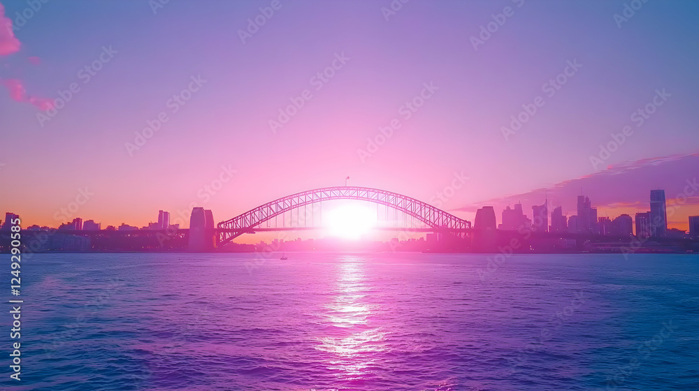Naklejka premium Sunrise over Sydney Harbour Bridge with Vibrant Pink Sky Colors