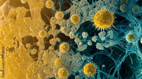 Group of yellow and blue bacteria under a microscope on a dark background