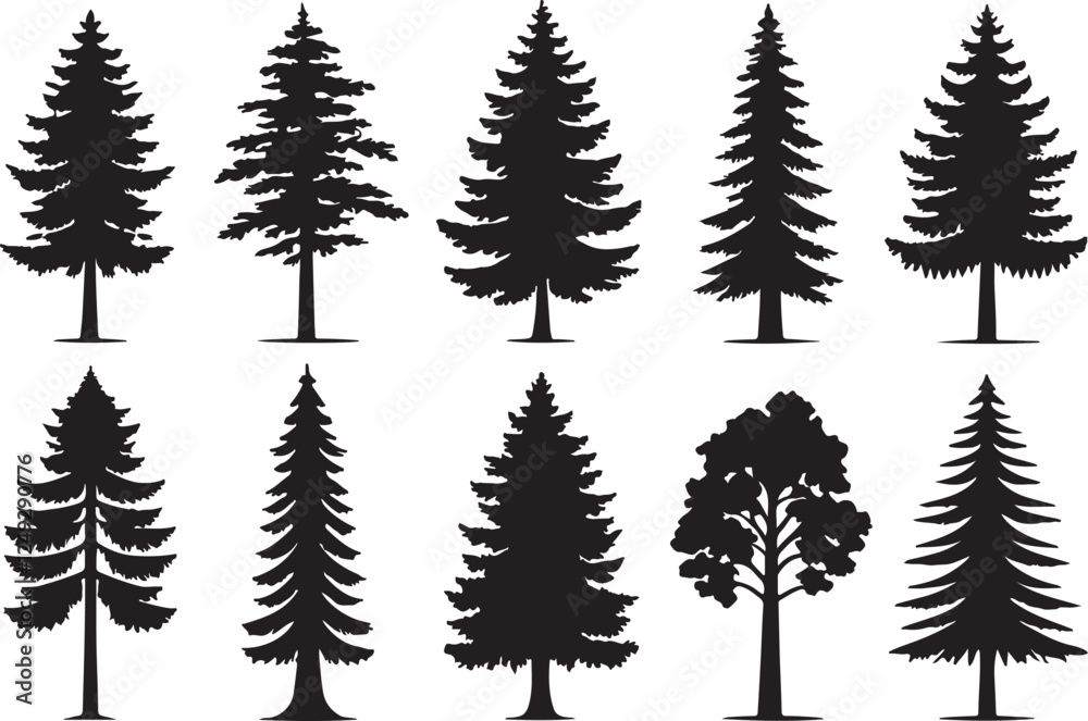 Obraz premium Variant style pine tree silhouette vector set, flat black tree silhouette illustration design, isolated on a white background.