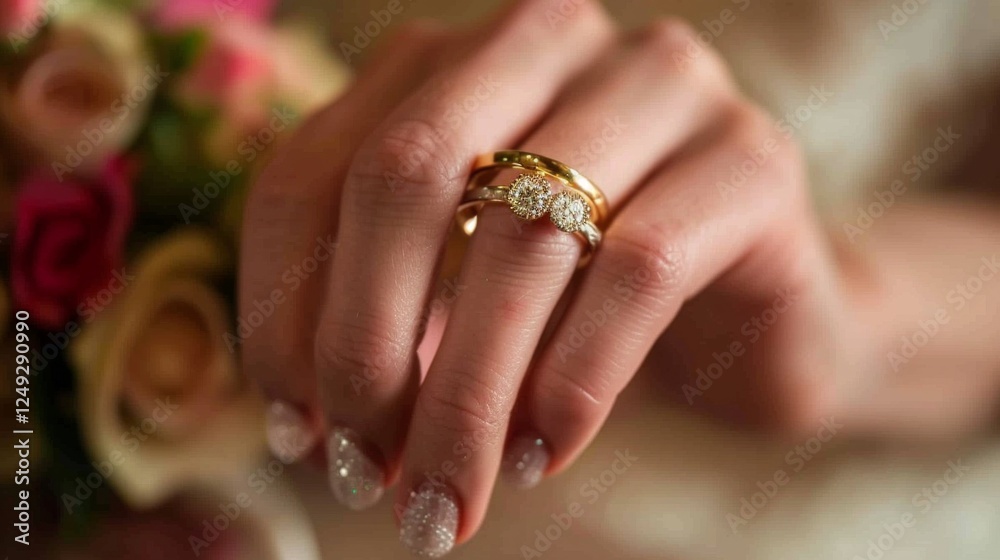 Close-up of hand with engagement ring and engagement ring against a background of a bouquet of roses, perfect for wedding blogs, jewellery ads, engagement and wedding articles. Close-up of hand with engagement ring and engagement ring against a background of a bouquet of roses, perfect for wedding blogs, jewellery ads, engagement and wedding articles.