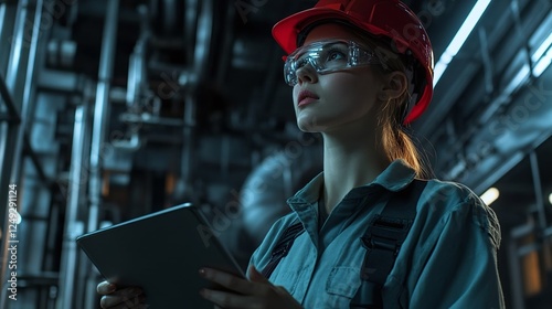 Young female worker in a steel factory using a tablet. A professional woman in technology and logistics for business and company operations.