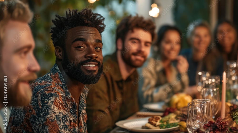 A group of people are sitting around a table with food and drinks A group of people are sitting around a table with food and drinks