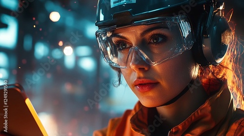Young female worker in a steel factory using a tablet. A professional woman in technology and logistics for business and company operations.