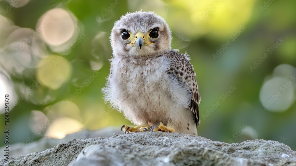 Beneath a soft, dappled light, an Amur falcon surveys its surroundings from a rocky outcrop. With feathers ruffled by a gentle breeze, it exudes a sense of watchfulness and grace Beneath a soft, dappled light, an Amur falcon surveys its surroundings from a rocky outcrop. With feathers ruffled by a gentle breeze, it exudes a sense of watchfulness and grace