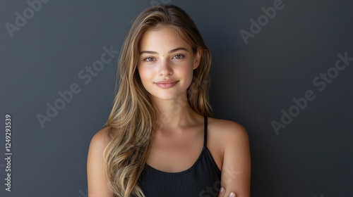 Portrait of a young woman with long hair standing confidently against a dark backdrop, showcasing natural beauty and a warm smile, perfect for lifestyle and beauty themes