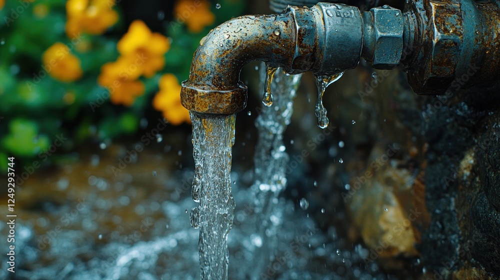 Rusty garden faucet leaks water, flowers blur Rusty garden faucet leaks water, flowers blur