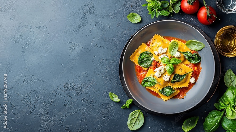 Delicious plate of ravioli with fresh basil, vibrant tomato sauce, and a sprinkle of cheese on a textured dark background, perfect for culinary or food-related projects.