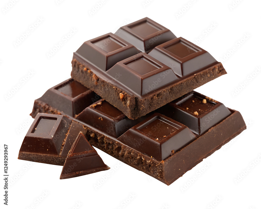 Hand-cut pieces of rich chocolate bar, isolated on a transparent background Hand-cut pieces of rich chocolate bar, isolated on a transparent background
