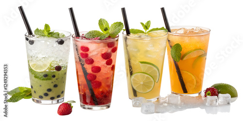 Colorful summer cocktails featuring lemonade, iced coffee, and refreshing fruit slices of lime and orange, all arranged in a row. Isolated on a transparent background, perfect for vibrant menus