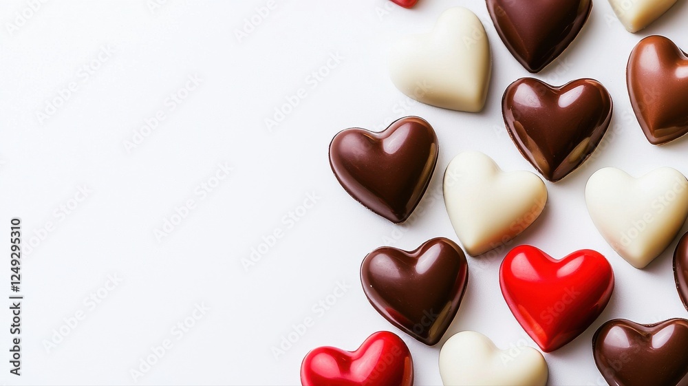 Fototapeta premium Assorted Heart-Shaped Chocolates on White Background for Valentine’s Day