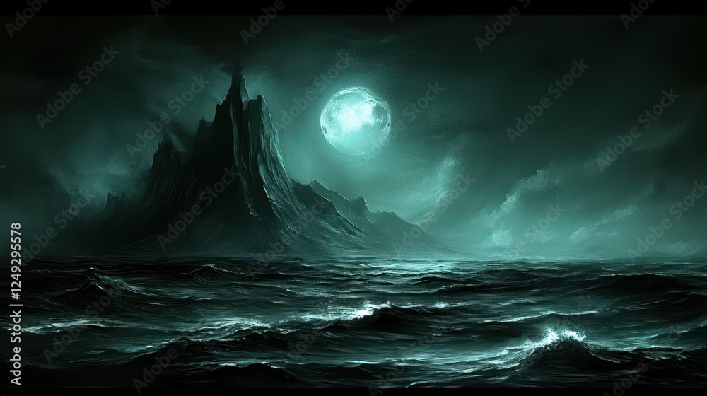 Naklejka premium Moonlit Sea, Mysterious Peaks, Dark Clouds, Fantasy Artwork