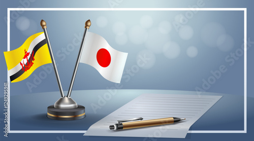 Brunei and Japan National flags on small table with bokeh background, cooperative relationship