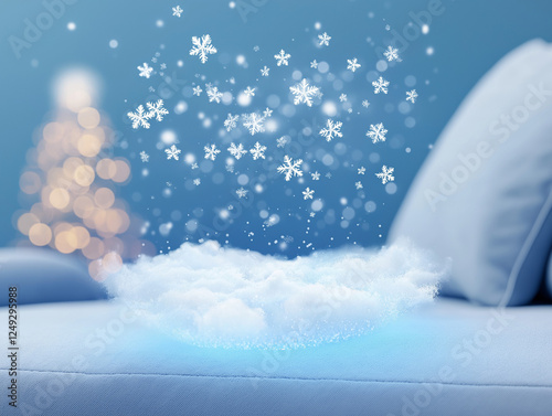 Winter Wonderland on Sofa: A magical scene of a fluffy snowdrift magically appearing on a cozy blue sofa, with shimmering snowflakes and a softly lit Christmas tree in the background. photo