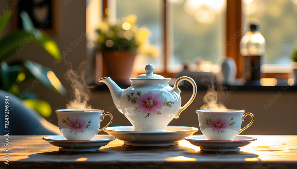 Classic porcelain teapot with delicate floral pattern and tea cups by the window Classic porcelain teapot with delicate floral pattern and tea cups by the window