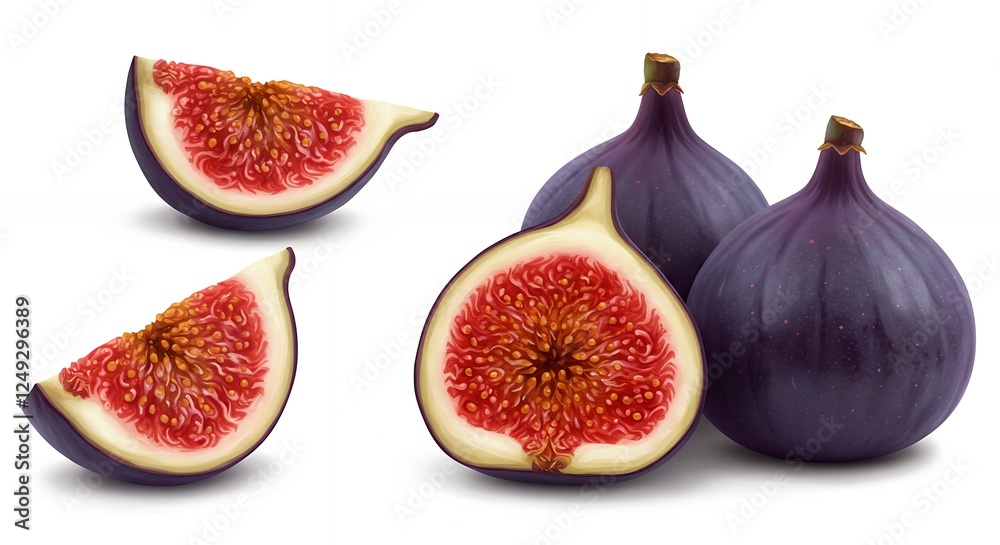 Several ripe figs with slices revealing their juicy interiors Several ripe figs with slices revealing their juicy interiors