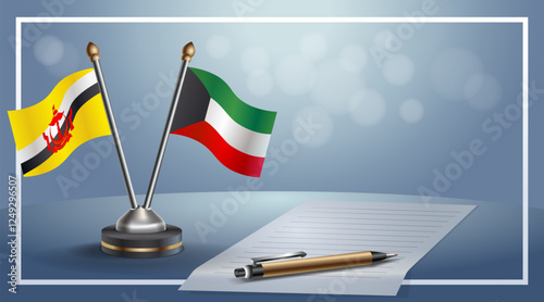 Brunei and Kuwait National flags on small table with bokeh background, cooperative relationship