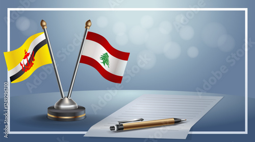 Brunei and Lebanon National flags on small table with bokeh background, cooperative relationship