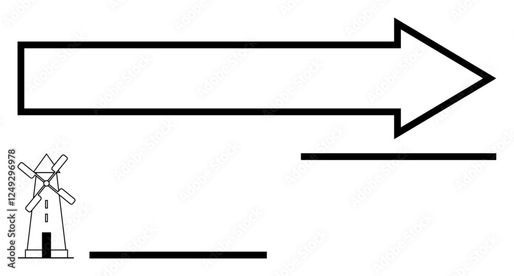 Bold arrow pointing forward with a windmill and horizontal lines suggesting motion, progress, or sustainability. Ideal for navigation, guidance, renewable energy, growth, direction, strategy Bold arrow pointing forward with a windmill and horizontal lines suggesting motion, progress, or sustainability. Ideal for navigation, guidance, renewable energy, growth, direction, strategy