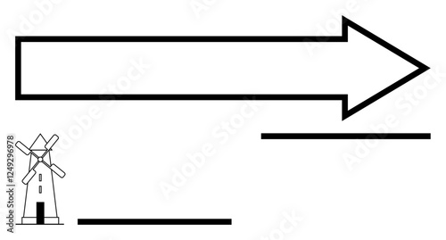 Bold arrow pointing forward with a windmill and horizontal lines suggesting motion, progress, or sustainability. Ideal for navigation, guidance, renewable energy, growth, direction, strategy