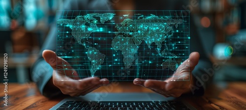 Businesswoman displaying world map signifying global commerce and connectivity in modern economy