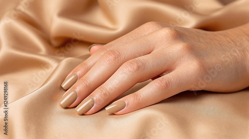 Wallpaper Mural A close-up of a woman's hand resting gently on a silky fabric, showcasing perfectly shaped nails painted in Mocha Mousse, a soft brown-nude shade. The background is softly blurred with warm beige tone Torontodigital.ca