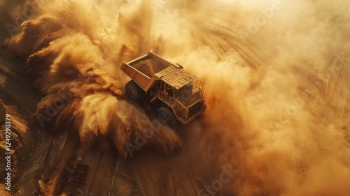 A large dump truck moves through a quarry, kicking up a thick cloud of dust as the sun sets in the background, casting golden hues on the landscape that emphasizes the rugged terrain. photo