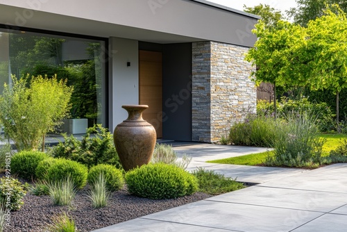 Beautiful modern home entrance with elegant landscaping and decorative pottery set in a serene outdoor environment during sunny daylight