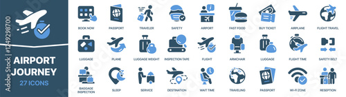 Airport and journey colored signed icon collection. Flight, plane, luggage, traveling, passport icons. UI icon set. Colored icons pack. Vector illustration