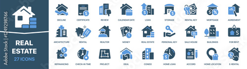 Real estate colored signed icon collection. Loan, rental, mortgage, buildings, realtor icons. UI icon set. Colored icons pack. Vector illustration