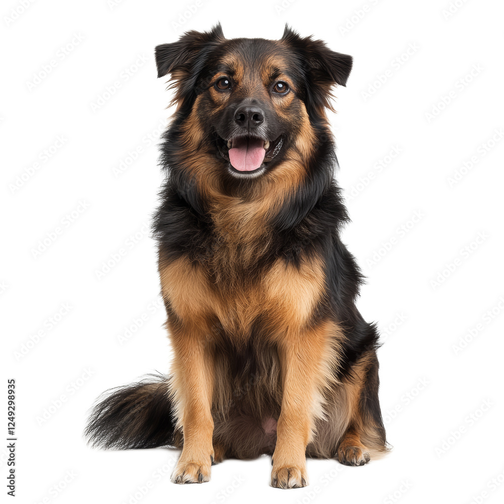 Fototapeta premium Happy Long-haired Dog Sitting on White Background