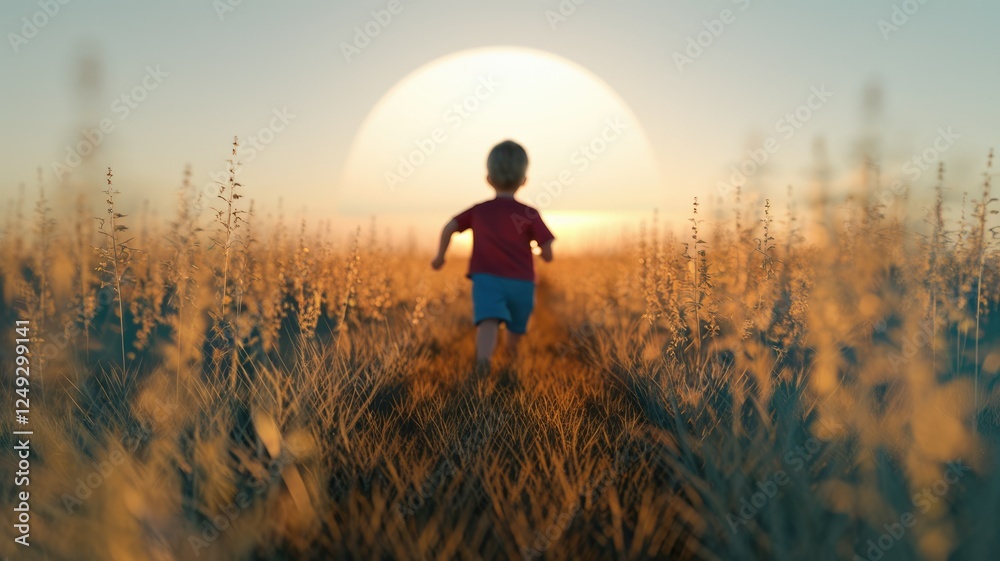 A child runs towards a setting sun in a golden field, symbolizing hope and new beginnings. A child runs towards a setting sun in a golden field, symbolizing hope and new beginnings.