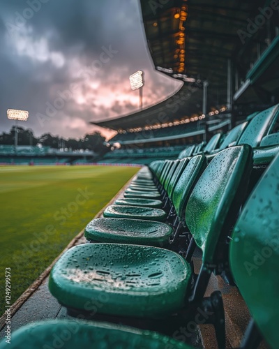 Empty seats in cricket stadium with a calm atmosphere