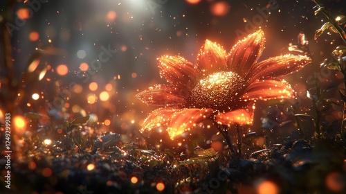 Glowing orange flower in magical forest background photo