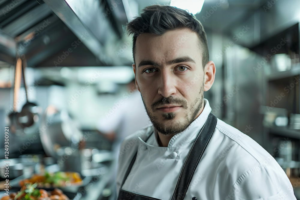 Obraz premium Portrait of a smiling chef in busy restaurant generative AI